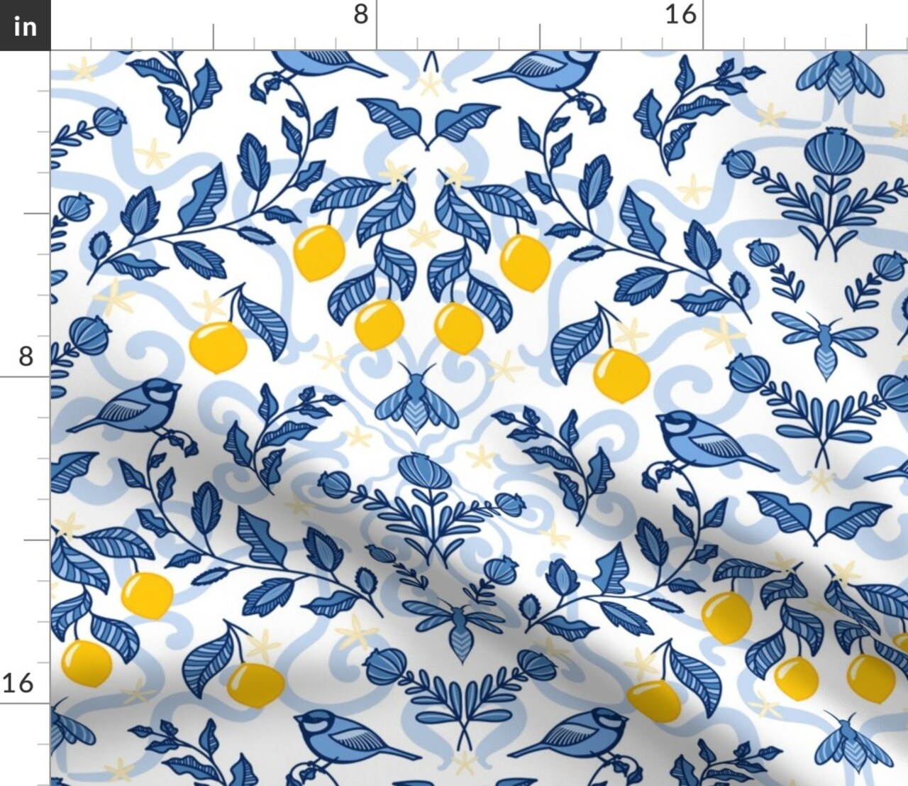 Botanical Citrus Lemon White Blue Whimsical Custom Printed Fabric by Spoonflower Various Fabrics by the Yard or Fat Quarter